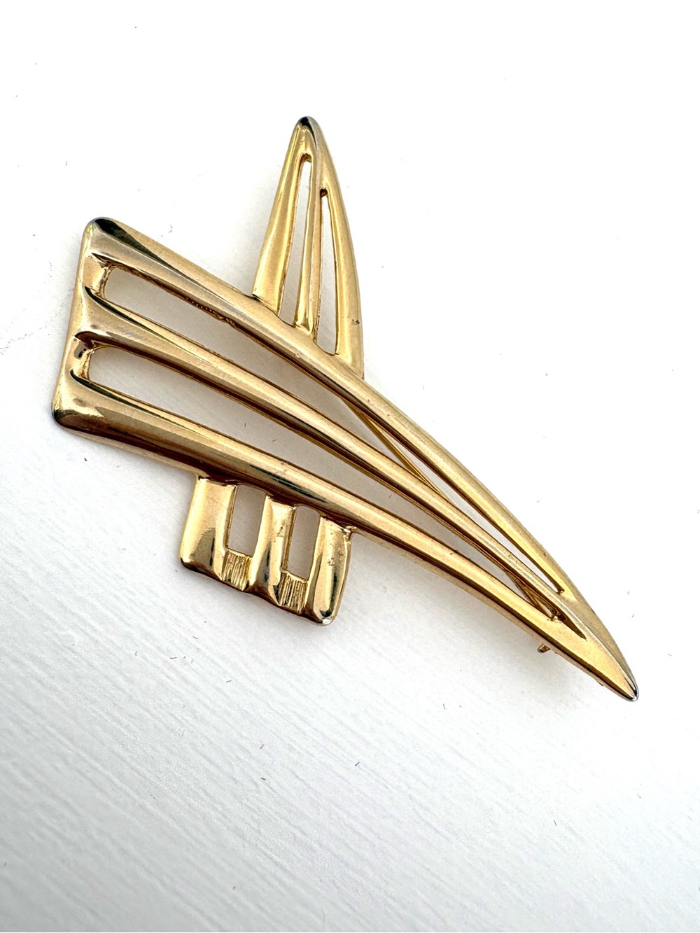 Large Gold Tone Geometric Mid Century Modern 3” Brooch